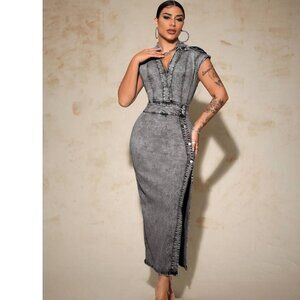 SHEIN Sexy Acid Wash Stretch Denim Jean Maxi Dress Slit